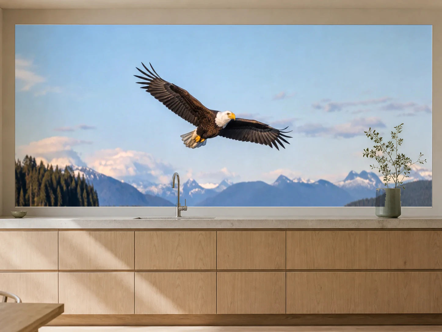 Küchenrückwand „Weißkopfseeadler über Alaskas Küste“ als installierte Rückwand in einer warmen Küche