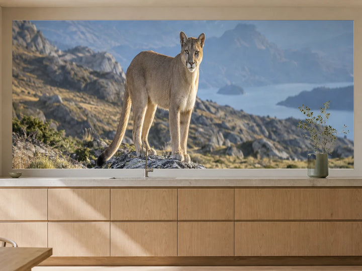 Küchenrückwand „Puma auf Patagoniens Felsen“ als installierte Rückwand in einer warmen Küche