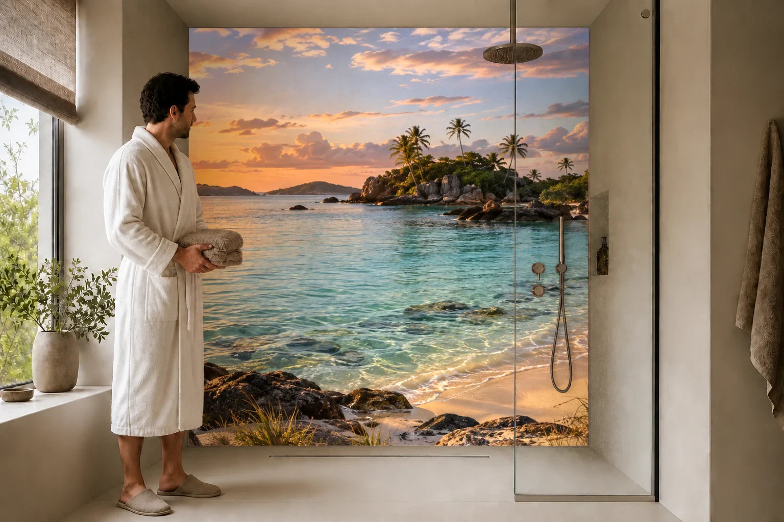 Duschrückwand „Goldene Bucht mit Küstengräsern“ in einer Dusche mit einem Mann im Bademantel