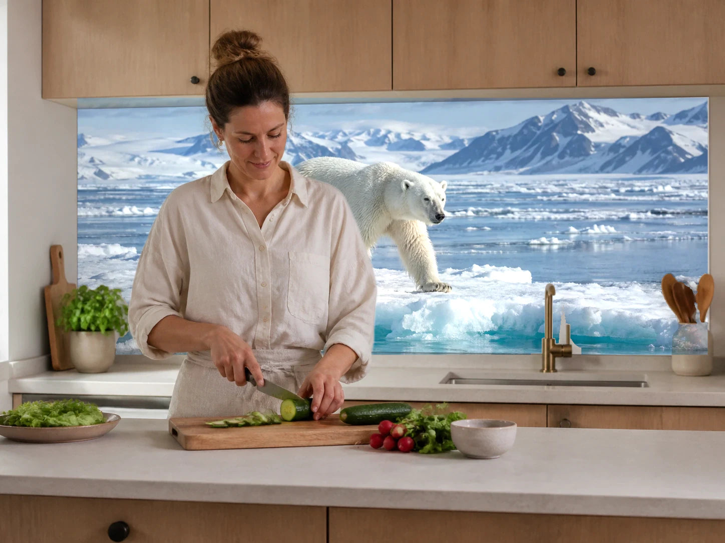 Küchenrückwand „Eisbär an der Packeiskante“ beim Zubereiten von Gemüse in einer Küche