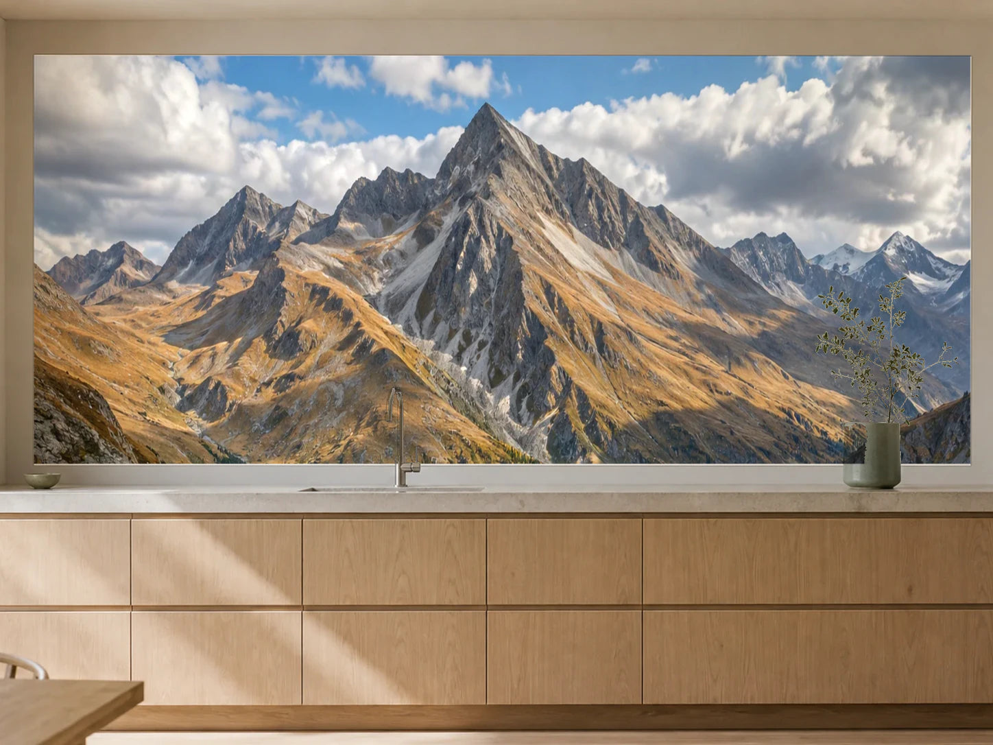 Küchenrückwand „Schieferberge im Herbstwind“ als installierte Rückwand in einer warmen Küche