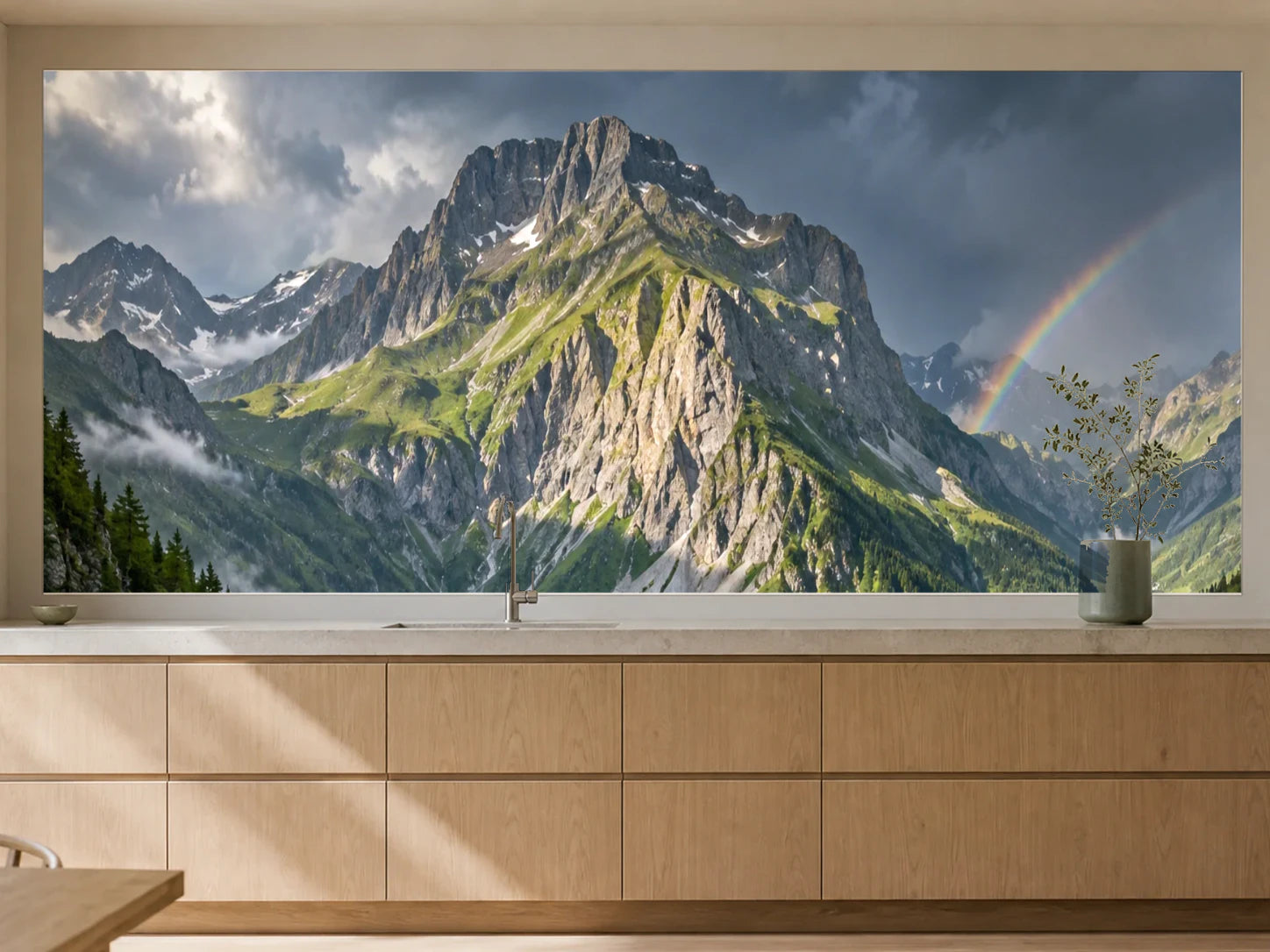 Küchenrückwand „Regenbogen am hohen Berghang“ als installierte Rückwand in einer warmen Küche