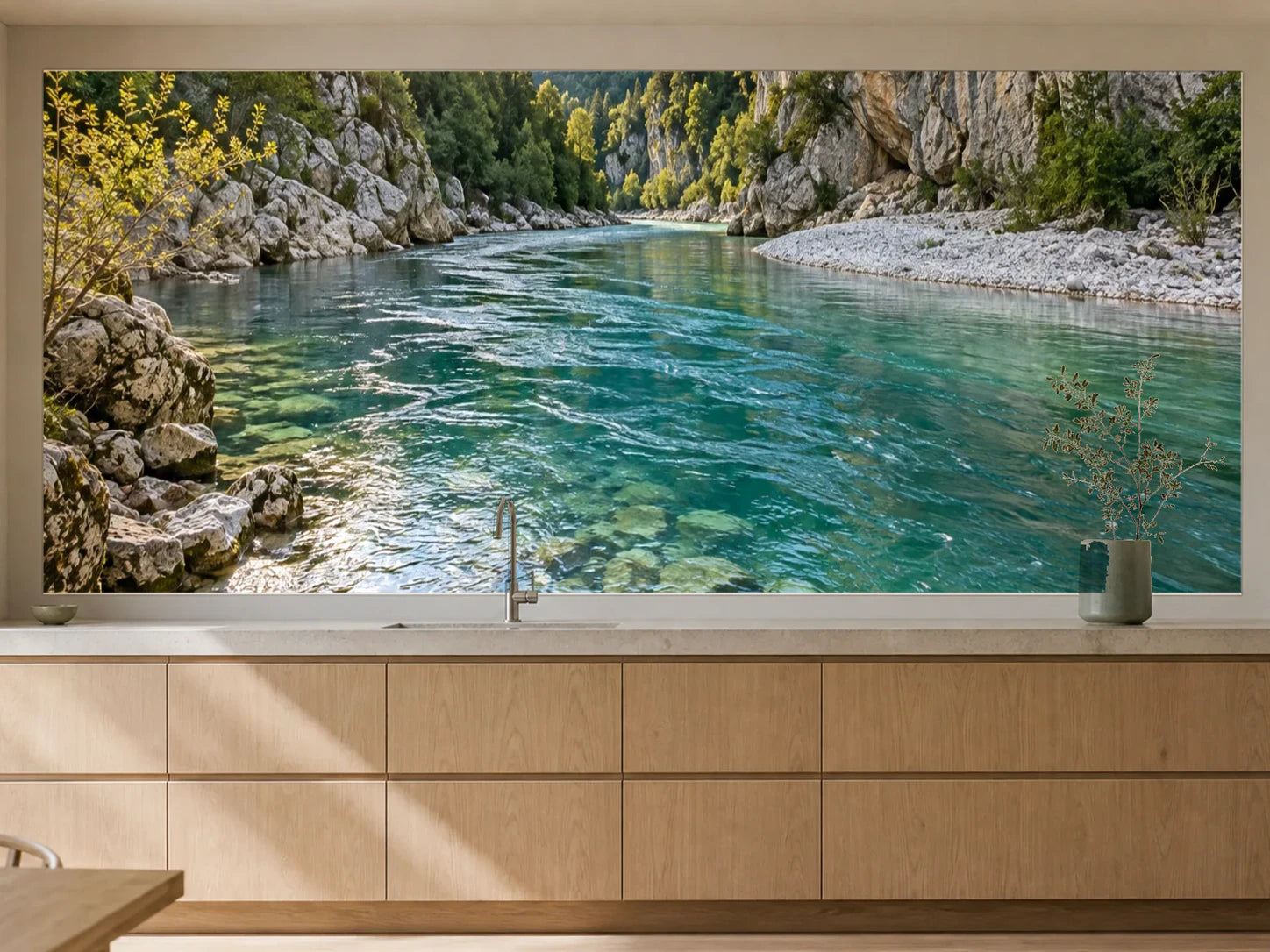 Küchenrückwand „Smaragdfluss zwischen Kalkwänden“ als installierte Rückwand in einer warmen Küche