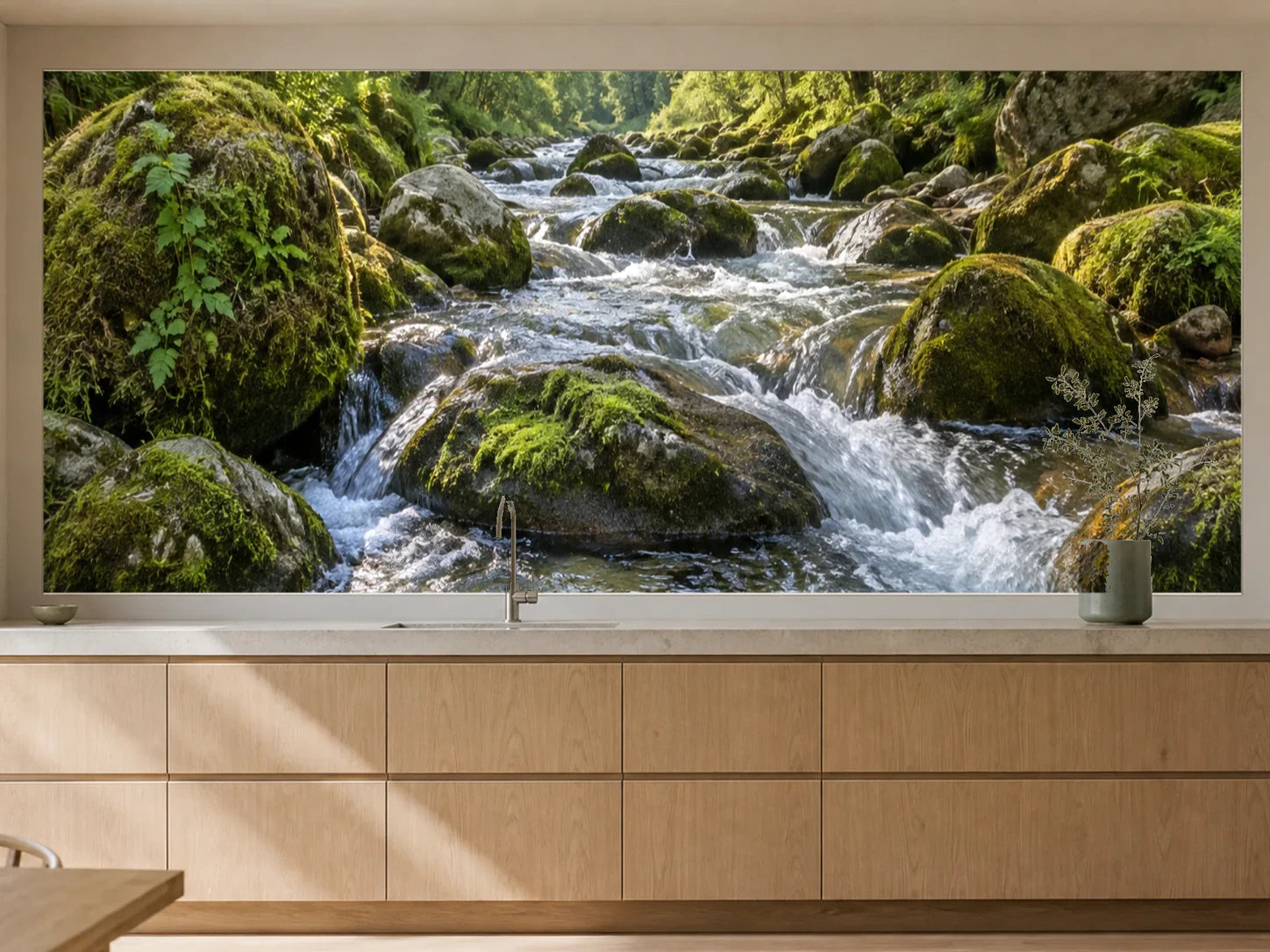Küchenrückwand „Waldfluss über moosigem Gestein“ als installierte Rückwand in einer warmen Küche