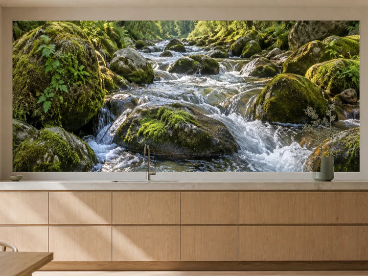Küchenrückwand „Waldfluss über moosigem Gestein“ als installierte Rückwand in einer warmen Küche