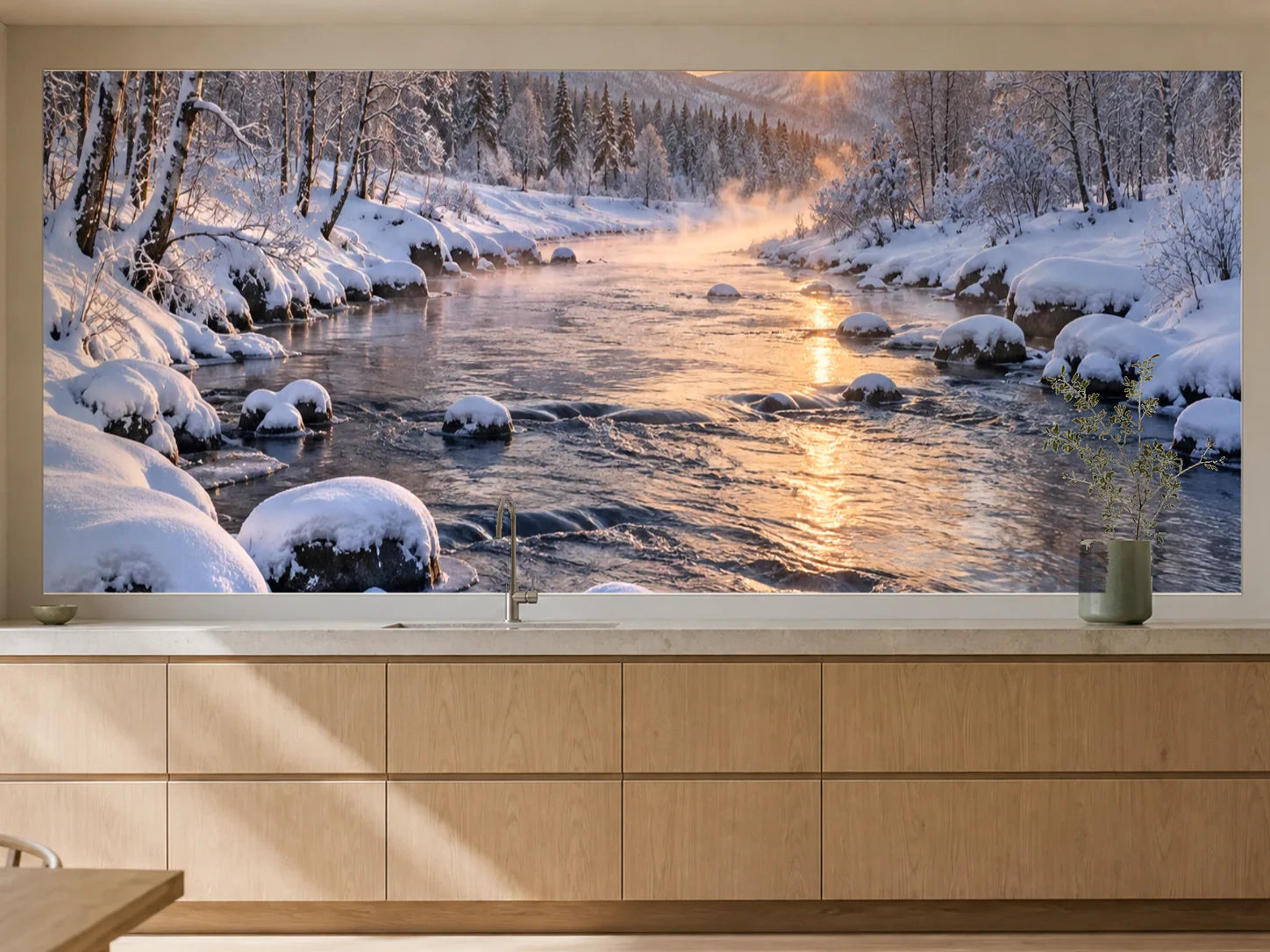 Küchenrückwand „Winterfluss zwischen verschneiten Ufern“ als installierte Rückwand in einer warmen Küche