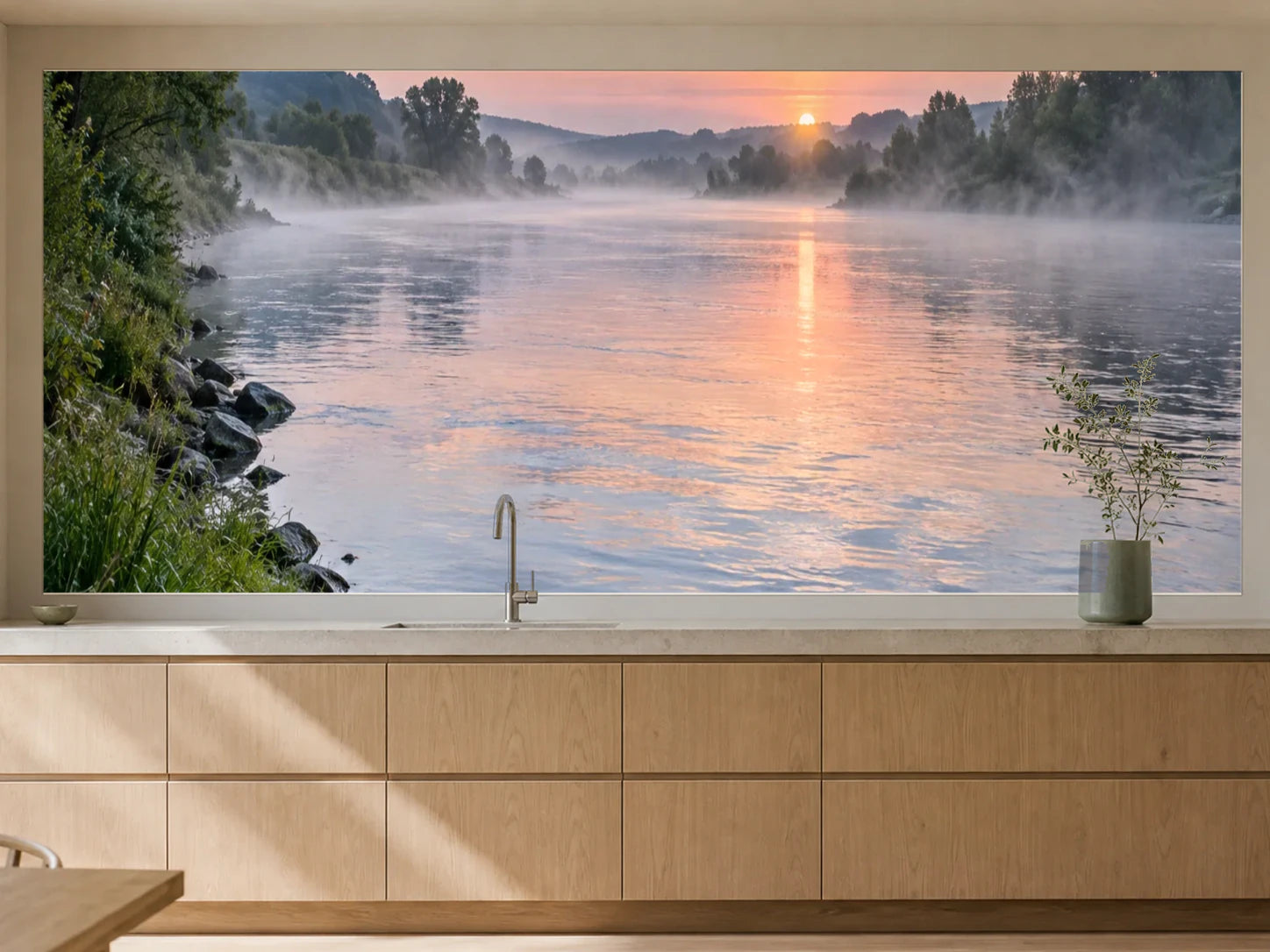 Küchenrückwand „Breiter Fluss unter Morgennebel“ als installierte Rückwand in einer warmen Küche