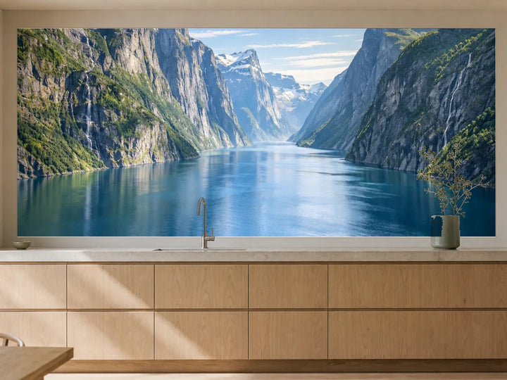 Küchenrückwand „Fjord zwischen steilen Granitwänden“ als installierte Rückwand in einer warmen Küche