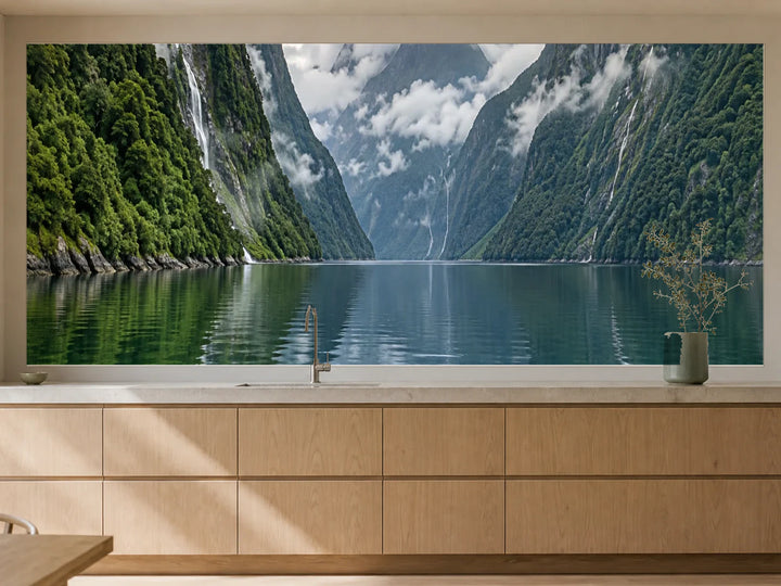 Küchenrückwand „Regenwaldfjord nach dem Schauer“ als installierte Rückwand in einer warmen Küche