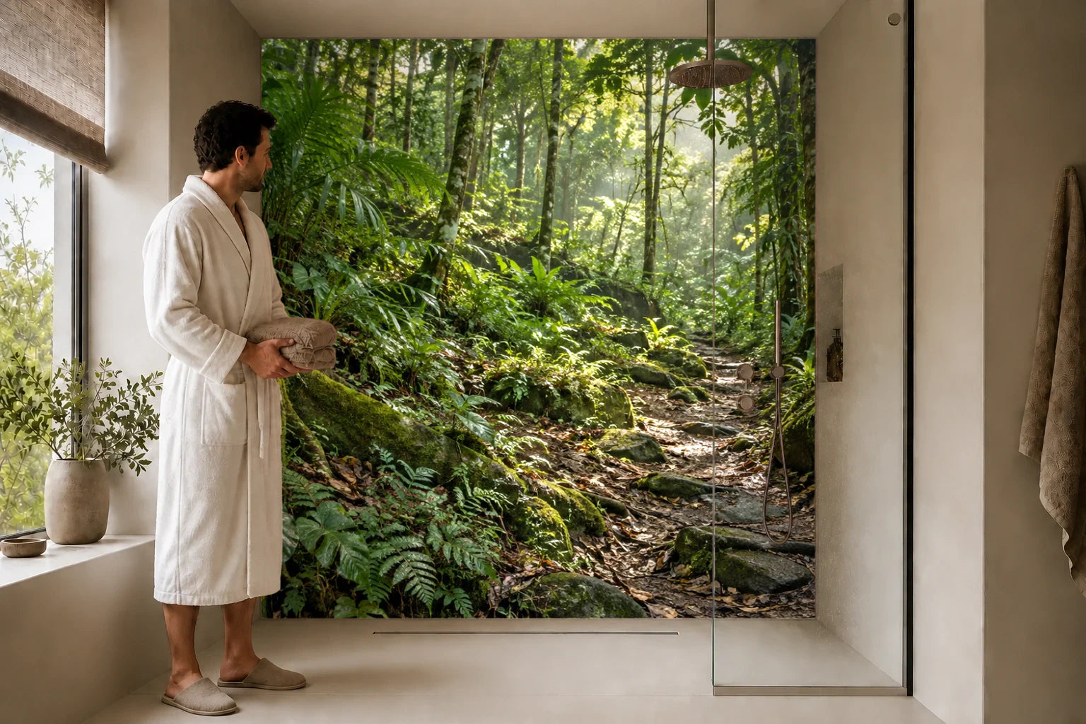 Duschrückwand „Regenwaldpfad im sanften Morgenlicht“ in einer Dusche mit einem Mann im Bademantel