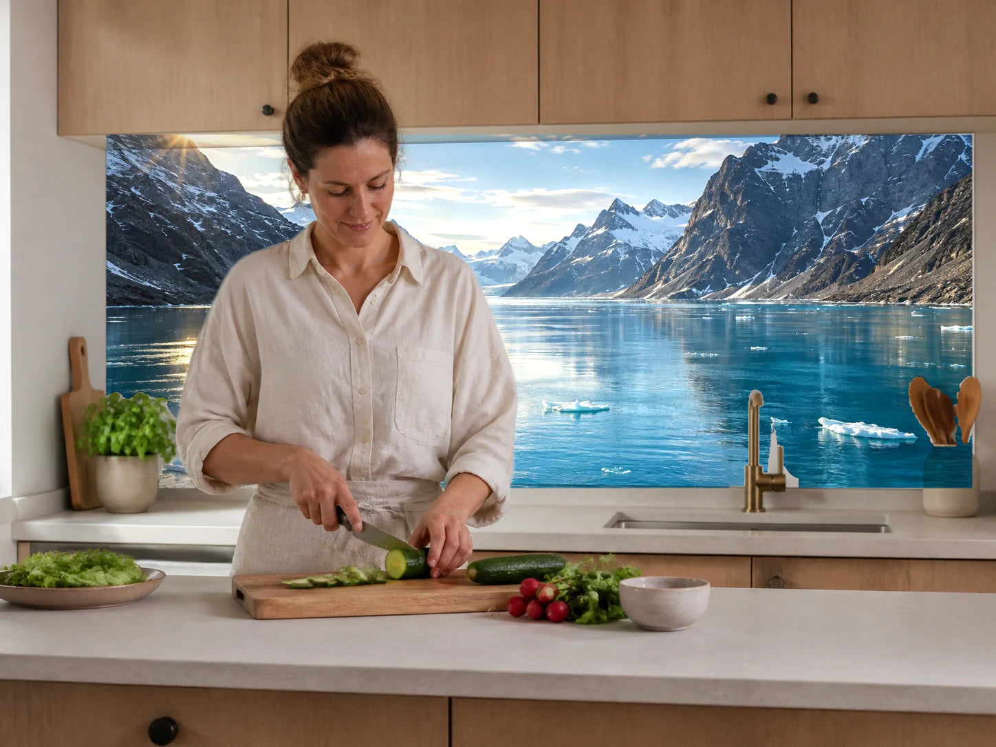 Küchenrückwand „Eisfjord im klaren Polartag“ beim Zubereiten von Gemüse in einer Küche