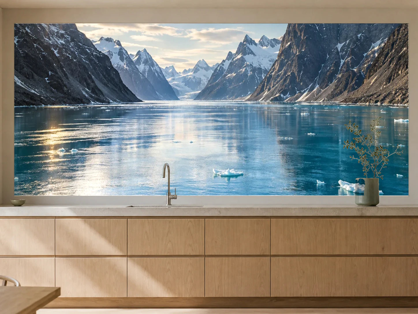 Küchenrückwand „Eisfjord im klaren Polartag“ als installierte Rückwand in einer warmen Küche