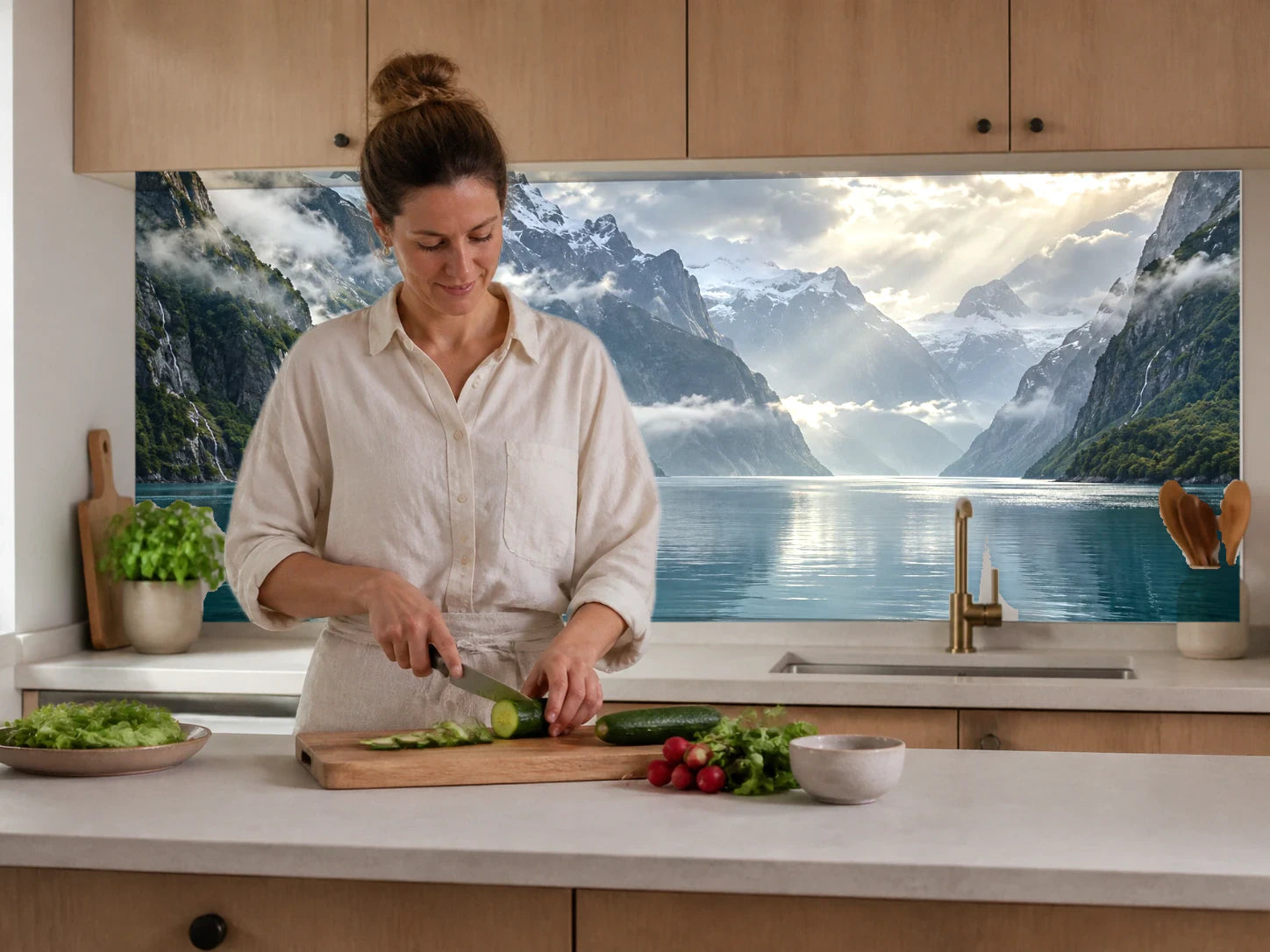 Küchenrückwand „Fjord mit Nebel zwischen den Hängen“ beim Zubereiten von Gemüse in einer Küche