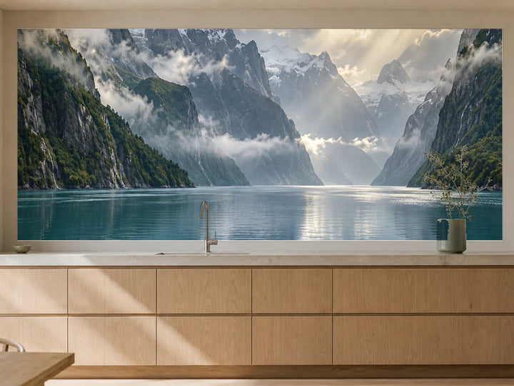 Küchenrückwand „Fjord mit Nebel zwischen den Hängen“ als installierte Rückwand in einer warmen Küche