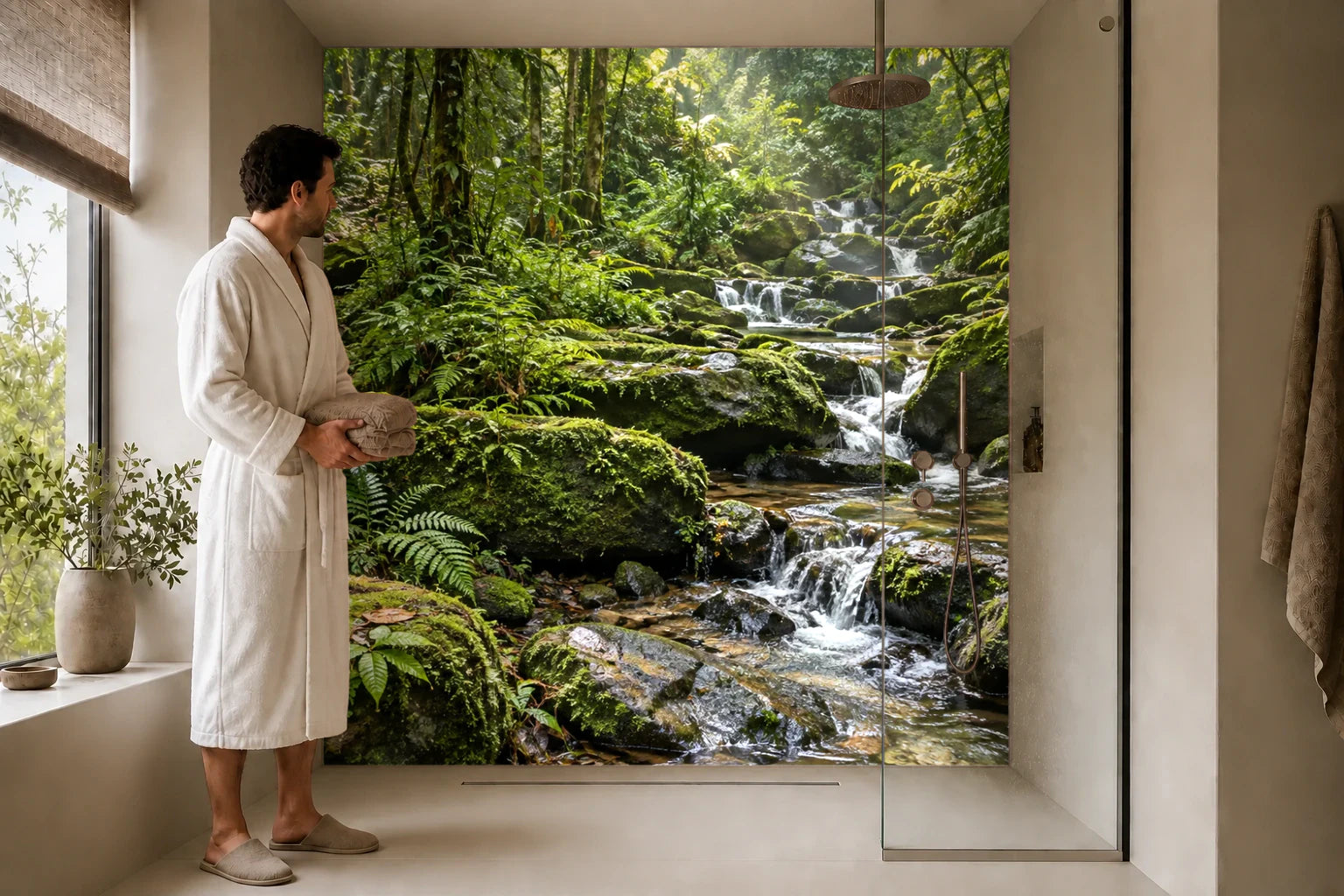 Duschrückwand „Farnwald mit hellem Wasserlauf“ in einer Dusche mit einem Mann im Bademantel
