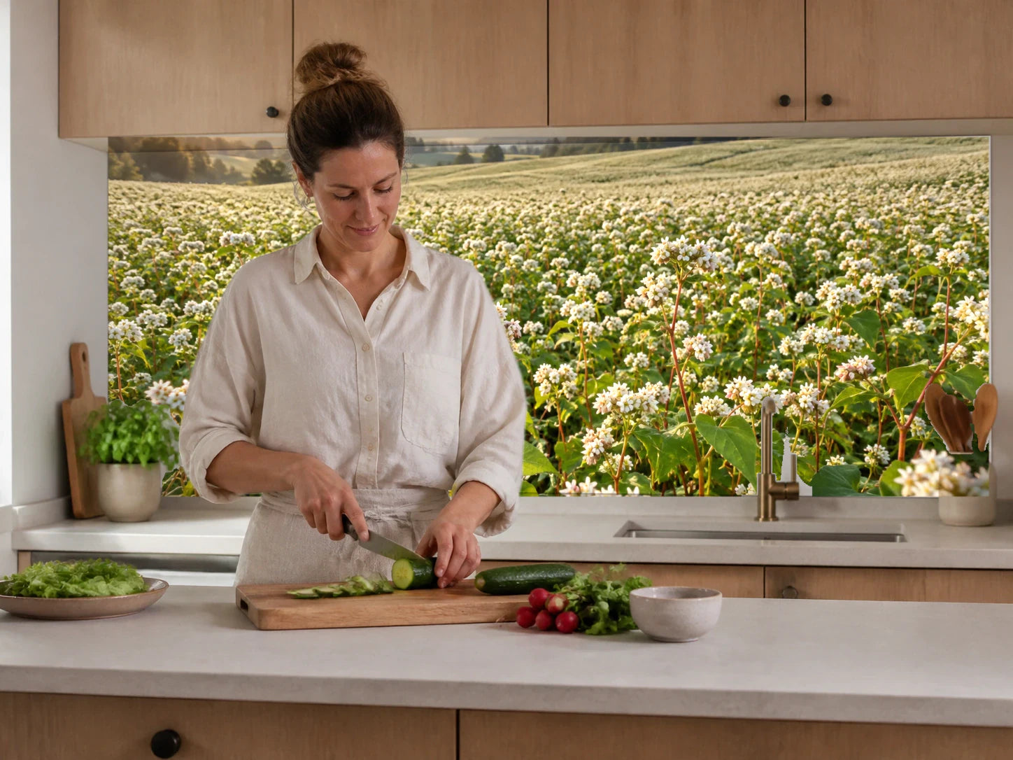 Küchenrückwand „Buchweizenfeld mit weißen Blüten“ beim Zubereiten von Gemüse in einer Küche