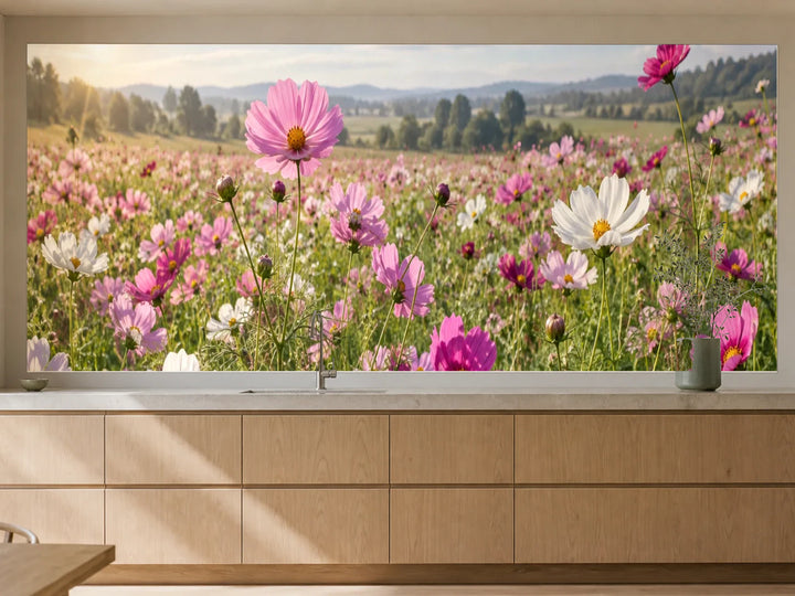 Küchenrückwand „Blütenfeld in Rosa und Creme“ als installierte Rückwand in einer warmen Küche