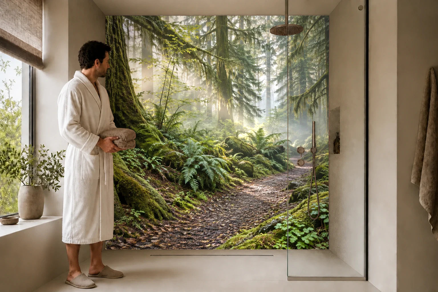 Duschrückwand „Waldpfad unter nebligen Baumkronen“ in einer Dusche mit einem Mann im Bademantel