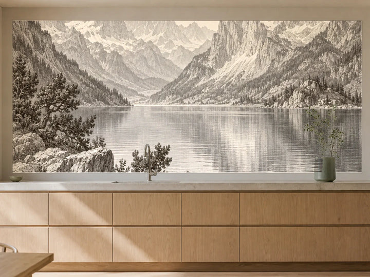 Küchenrückwand „Alpensee im Morgenlicht – Kupferstich“ als installierte Rückwand in einer warmen Küche
