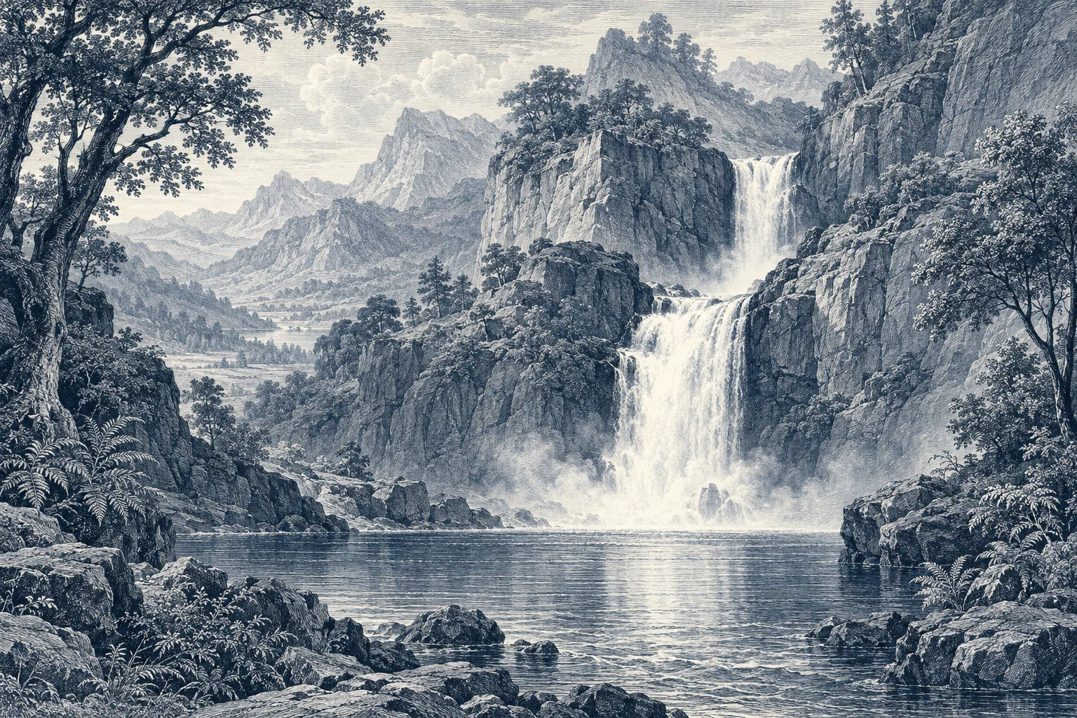 Motivvorschau „Wasserfall im Felsental – Kupferstich“ für Küchenrückwand