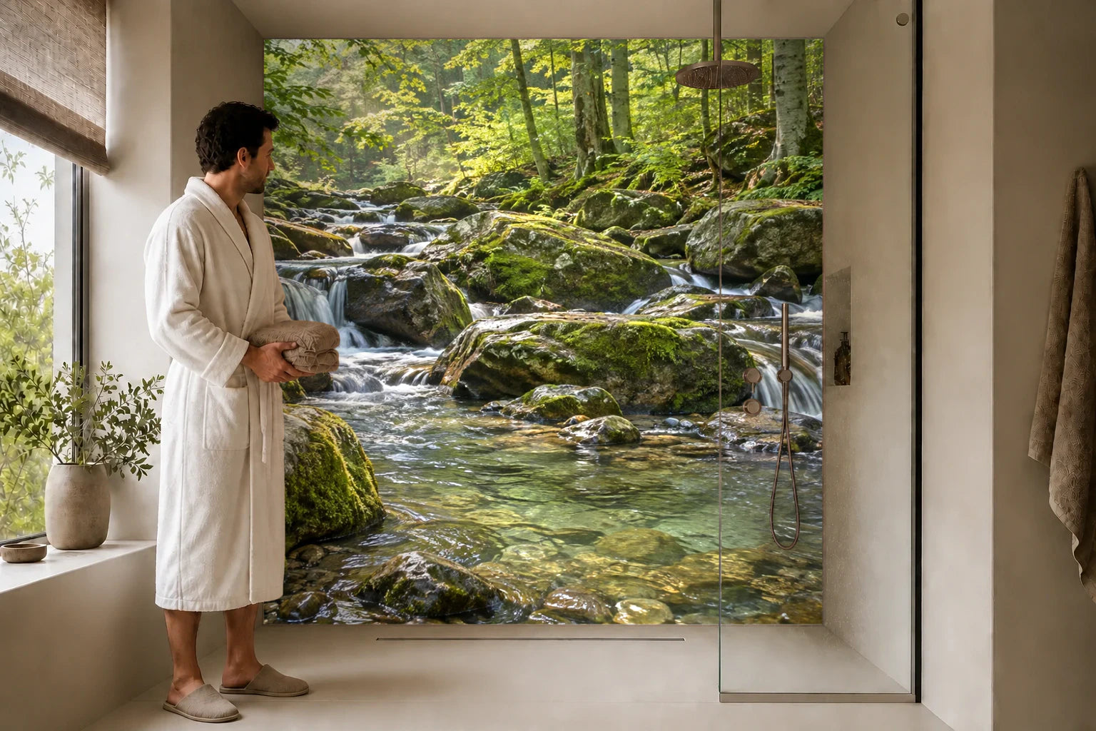 Duschrückwand „Moosige Felsen am Waldbach“ in einer Dusche mit einem Mann im Bademantel