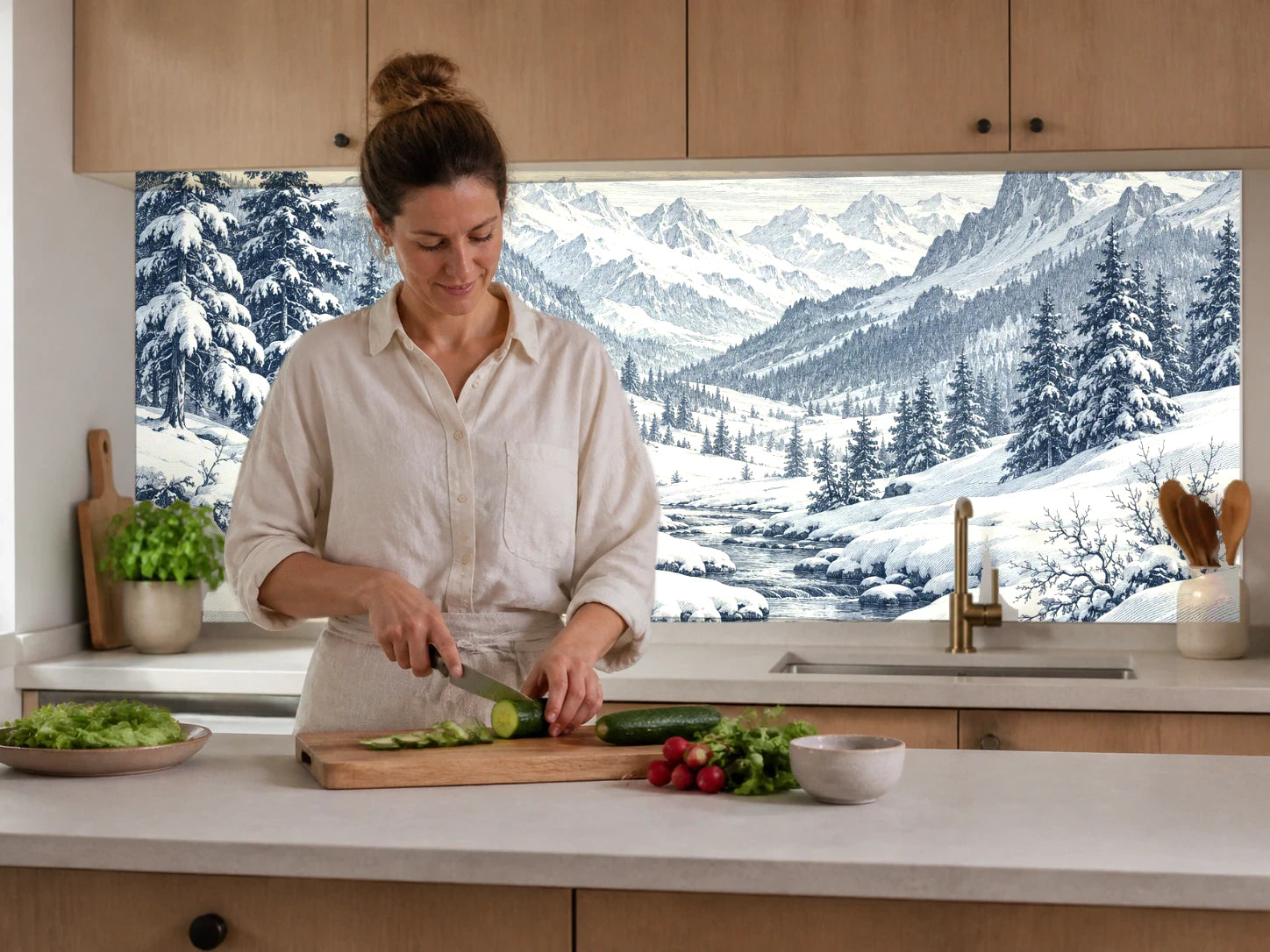 Küchenrückwand „Wintertal mit Tannen – Kupferstich“ beim Zubereiten von Gemüse in einer Küche