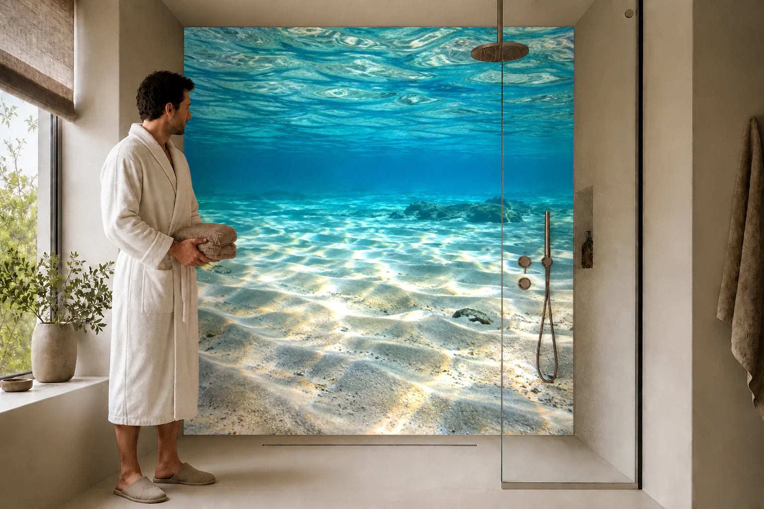Duschrückwand „Licht über dem flachen Sandgrund“ in einer Dusche mit einem Mann im Bademantel