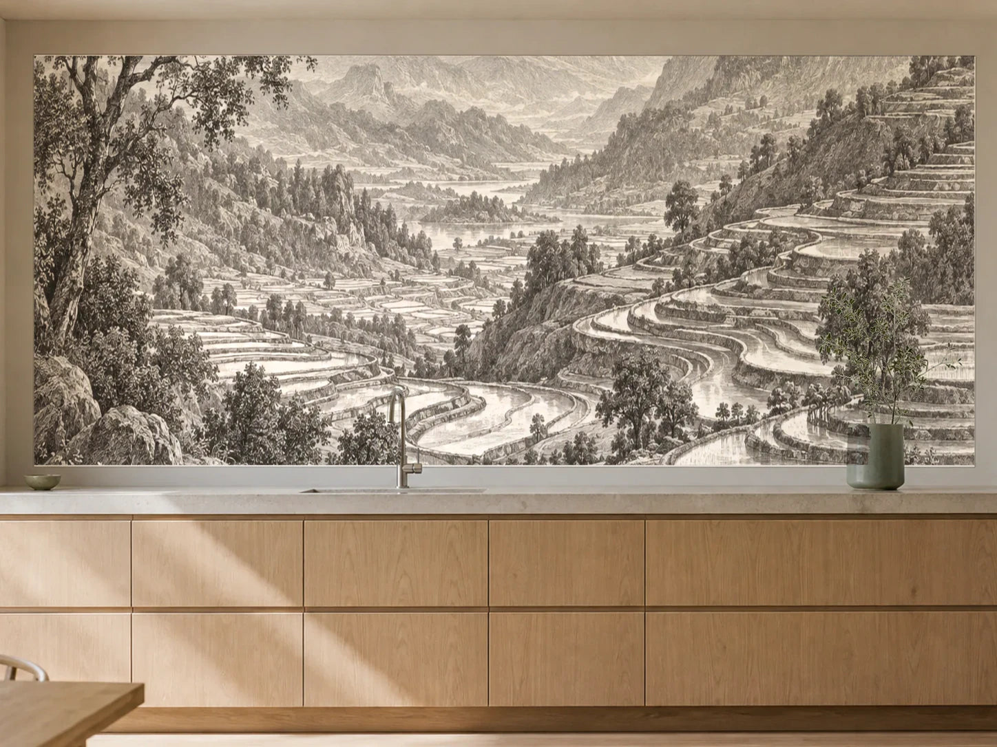 Küchenrückwand „Terrassenfelder im Bergland – Kupferstich“ als installierte Rückwand in einer warmen Küche