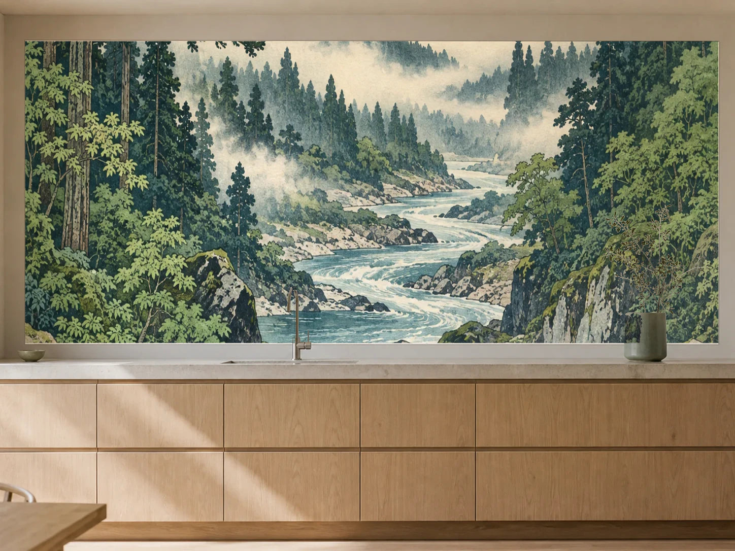 Küchenrückwand „Nebelwald am Bergfluss – Ukiyo-e“ als installierte Rückwand in einer warmen Küche