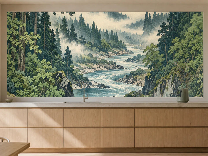 Küchenrückwand „Nebelwald am Bergfluss – Ukiyo-e“ als installierte Rückwand in einer warmen Küche