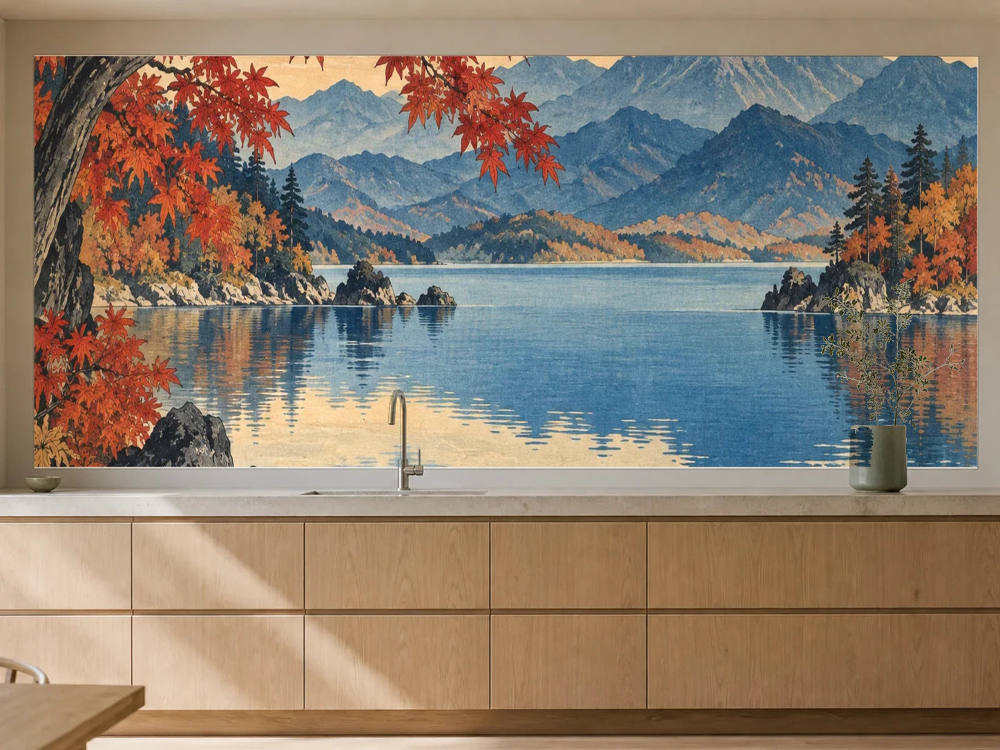 Küchenrückwand „Ahorn über dem Bergsee – Ukiyo-e“ als installierte Rückwand in einer warmen Küche