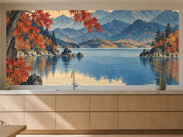 Küchenrückwand „Ahorn über dem Bergsee – Ukiyo-e“ als installierte Rückwand in einer warmen Küche