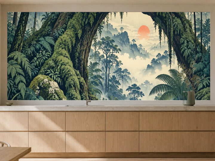 Küchenrückwand „Moospfad unter Baumfarnen – Ukiyo-e“ als installierte Rückwand in einer warmen Küche