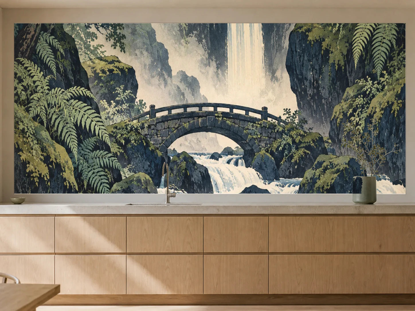 Küchenrückwand „Steinbrücke vor dem Waldwasserfall – Ukiyo-e“ als installierte Rückwand in einer warmen Küche