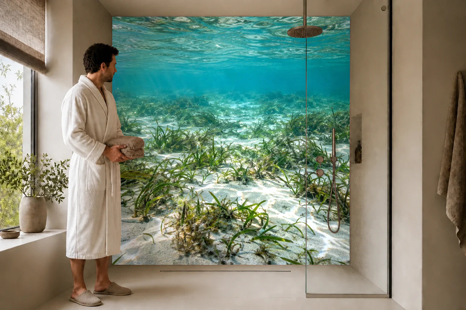 Duschrückwand „Seegras im klaren Türkiswasser“ in einer Dusche mit einem Mann im Bademantel