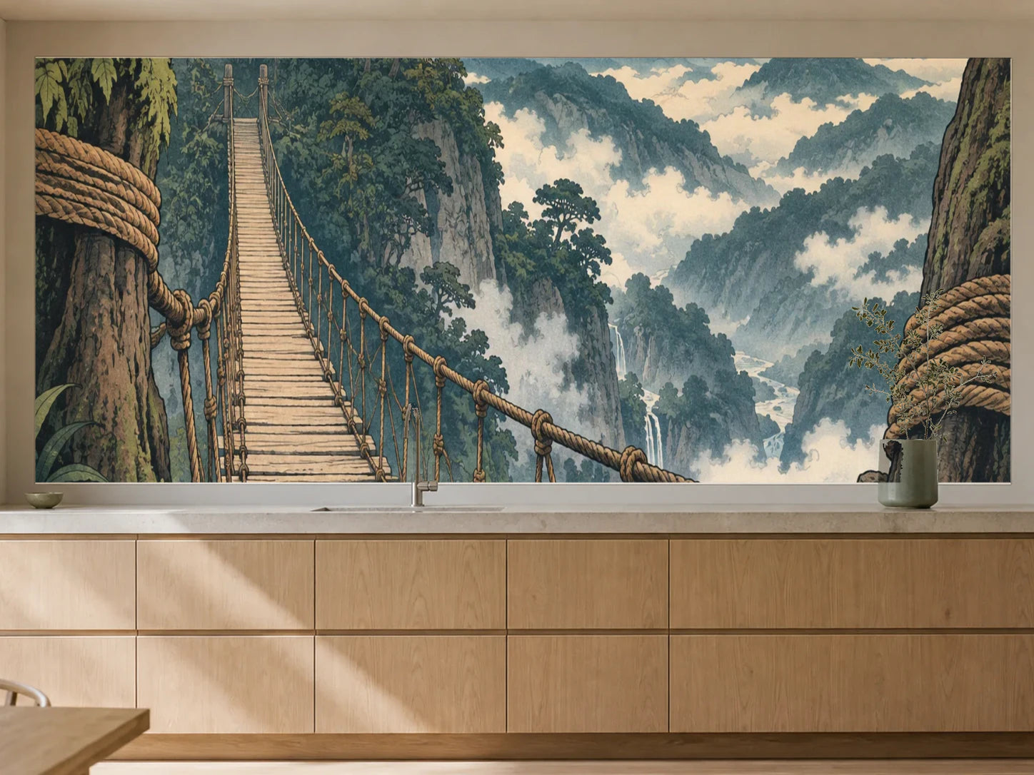 Küchenrückwand „Hängebrücke im Wolkenwald – Ukiyo-e“ als installierte Rückwand in einer warmen Küche