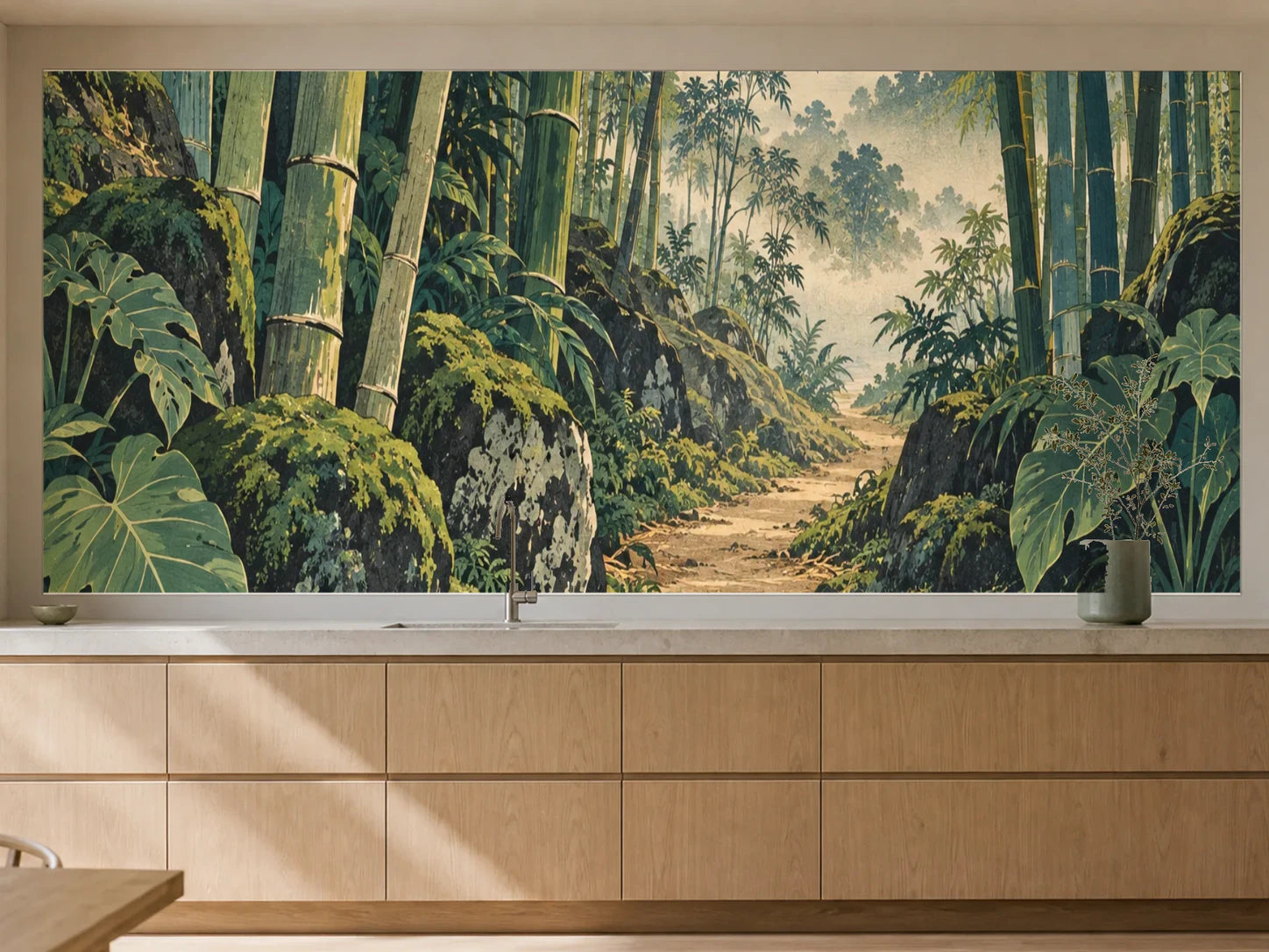 Küchenrückwand „Bambuspfad im Tropenwald – Ukiyo-e“ als installierte Rückwand in einer warmen Küche