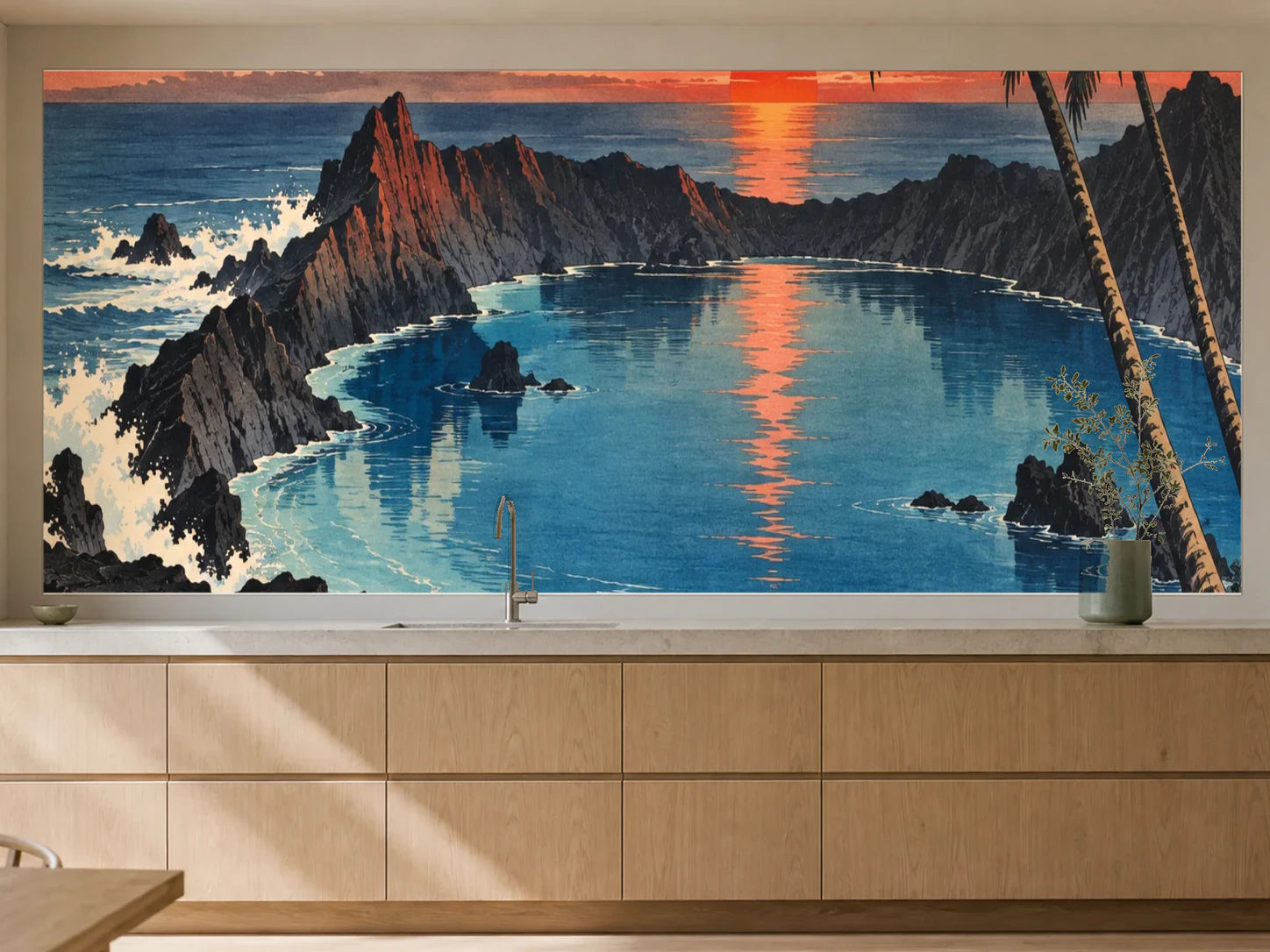 Küchenrückwand „Lagune im Lavakessel – Ukiyo-e“ als installierte Rückwand in einer warmen Küche