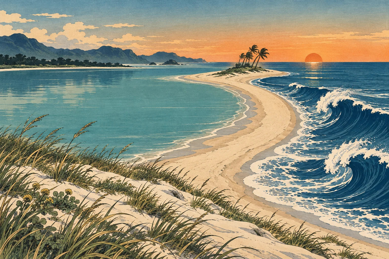 Motivvorschau „Sandhaken zwischen Brandung und Lagune – Ukiyo-e“ für Küchenrückwand