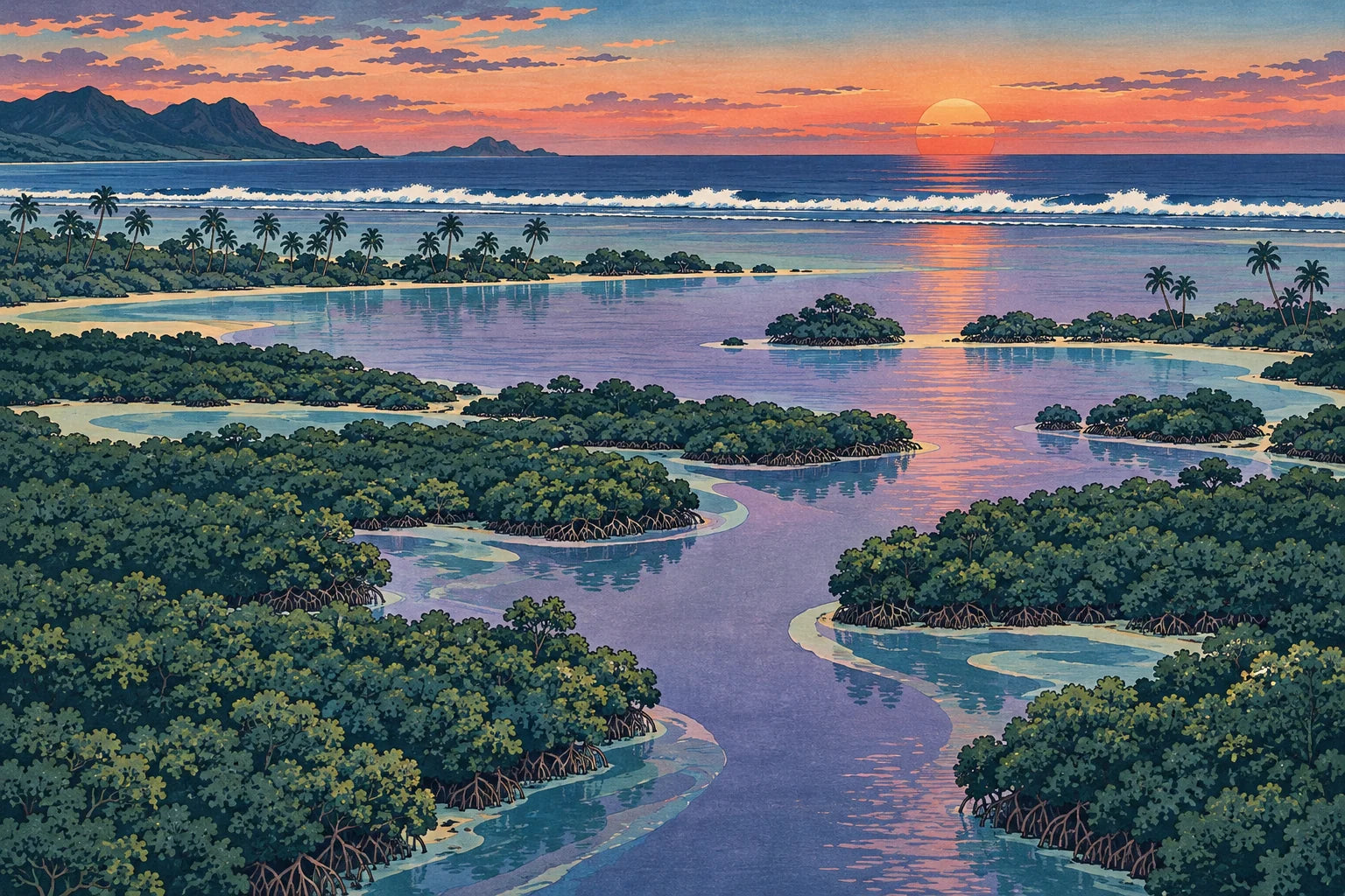 Motivvorschau „Mangrovenmündung zur Lagune – Ukiyo-e“ für Küchenrückwand
