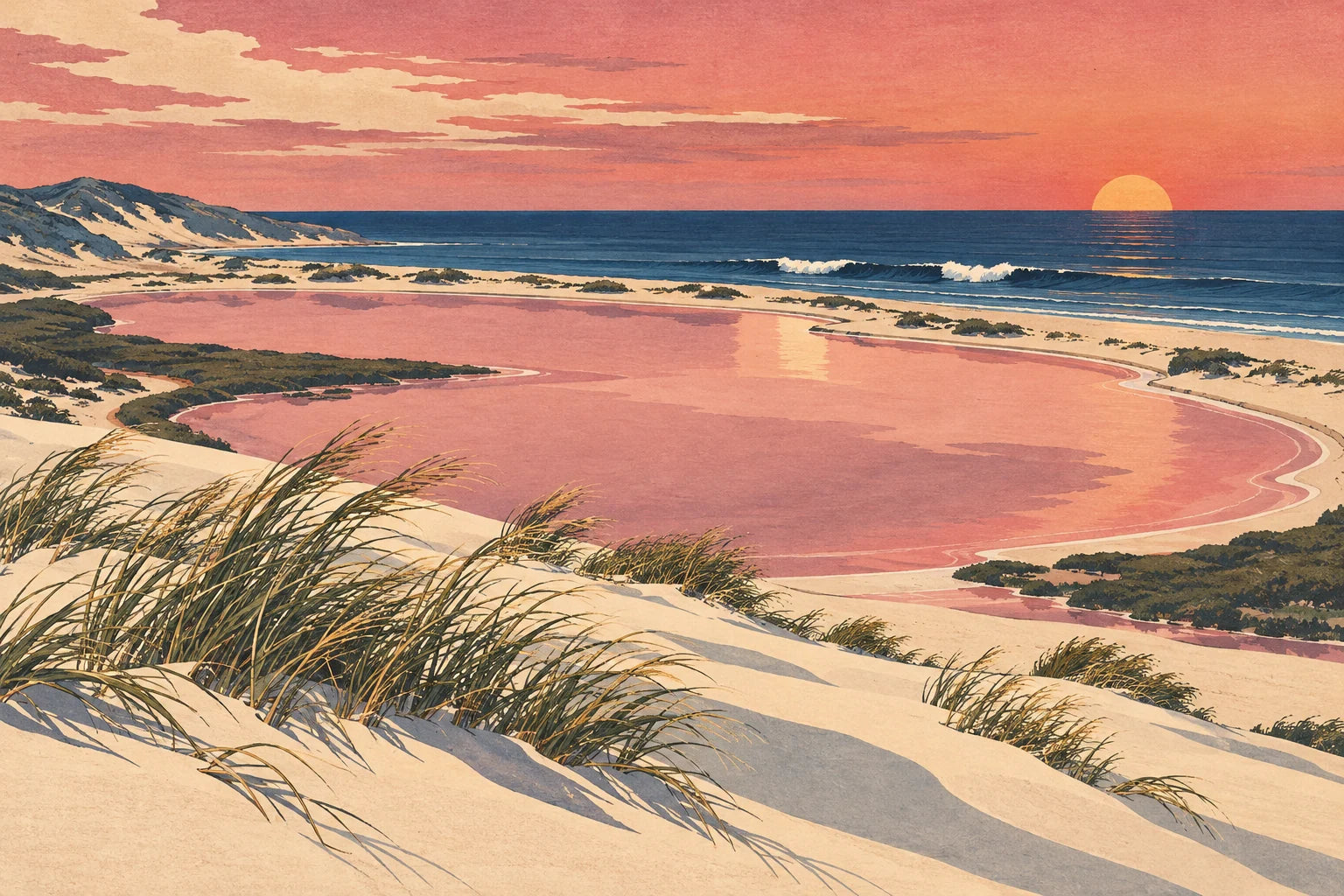 Motivvorschau „Dünengras über rosiger Lagune – Ukiyo-e“ für Küchenrückwand