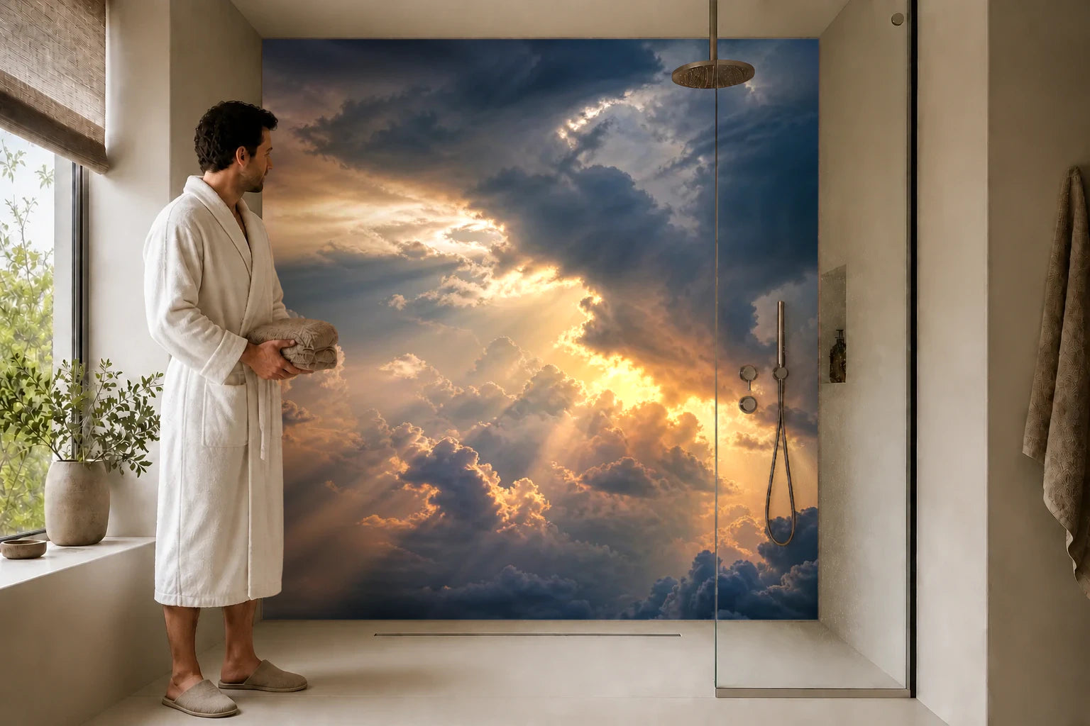 Duschrückwand „Gewitterlicht über Wolkentürmen“ in einer Dusche mit einem Mann im Bademantel