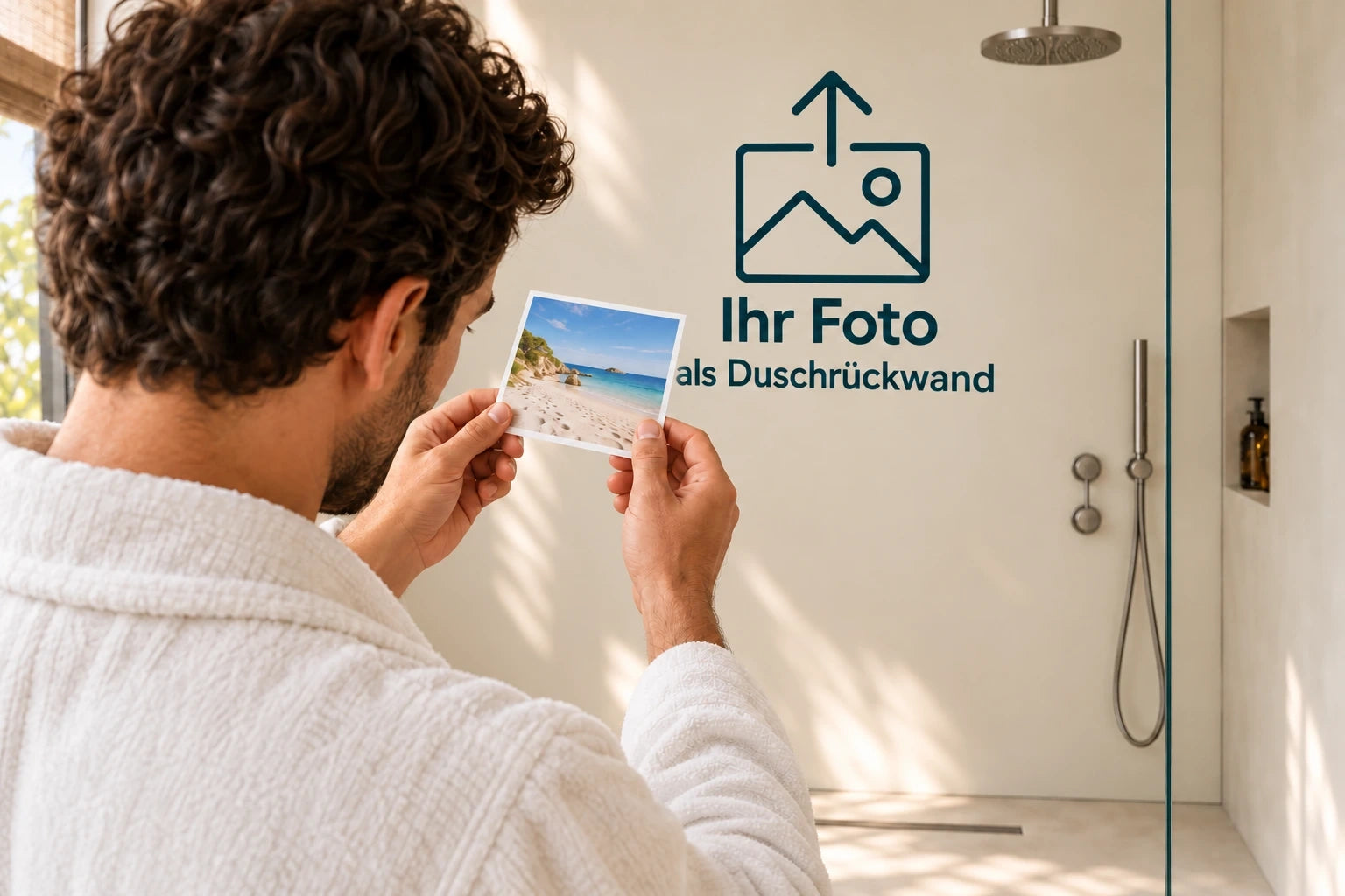 Duschrückwand mit eigenem Wunschmotiv – Person hält ein Foto vor der Rückwand mit Upload-Symbol