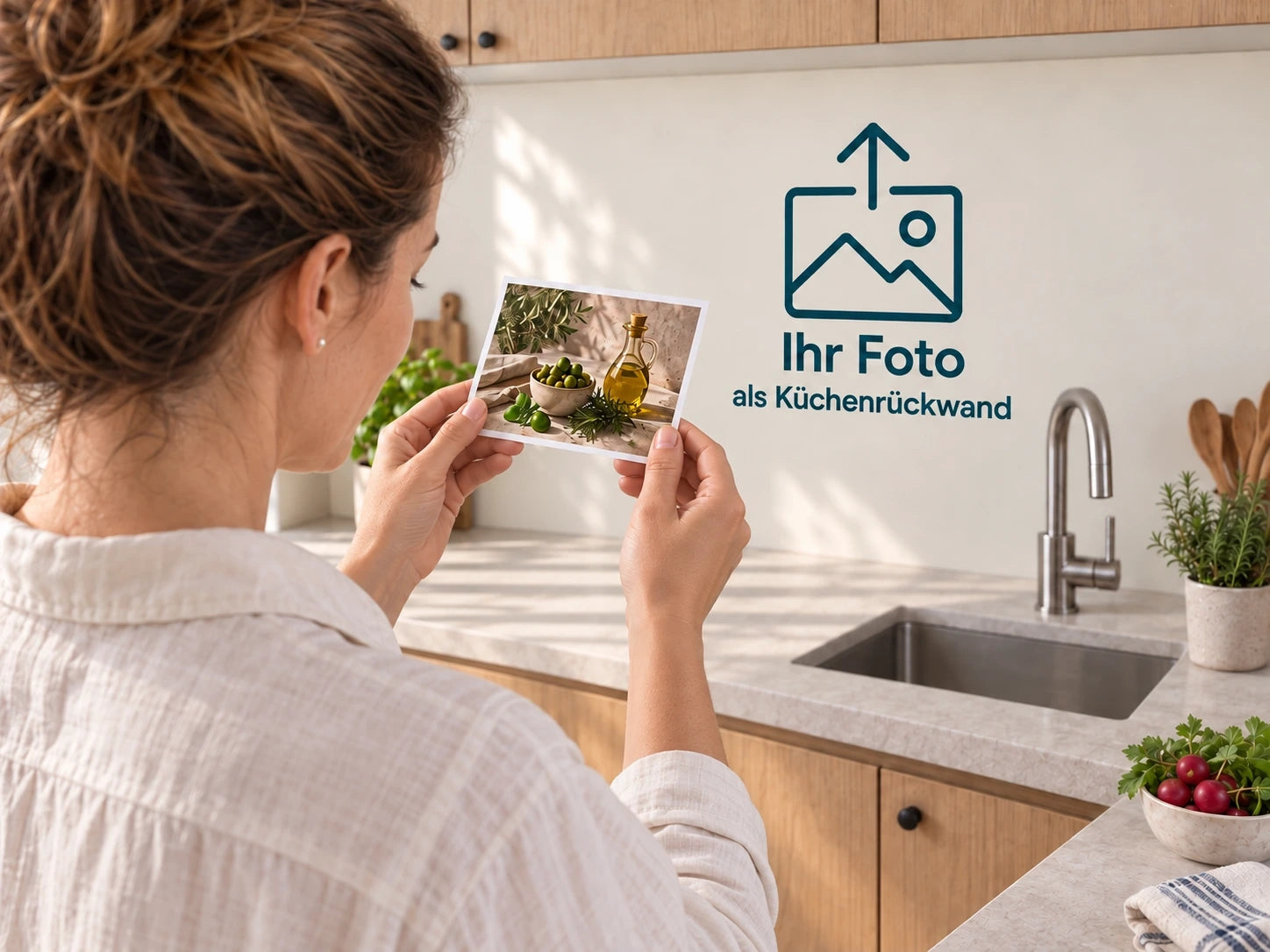 Küchenrückwand mit eigenem Wunschmotiv – Person hält ein Foto vor der Rückwand mit Upload-Symbol