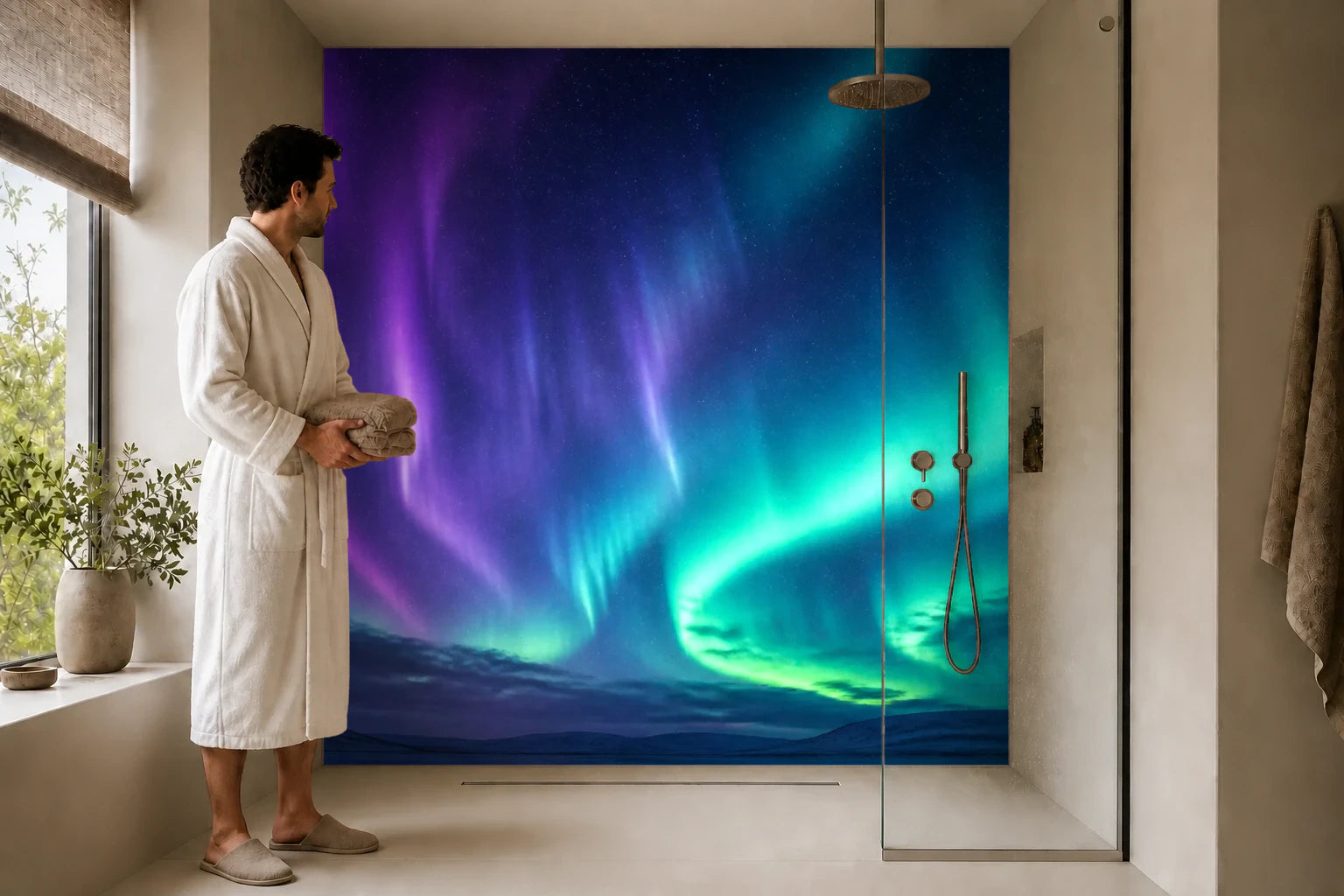 Duschrückwand „Polarhimmel in Violett und Türkis“ in einer Dusche mit einem Mann im Bademantel