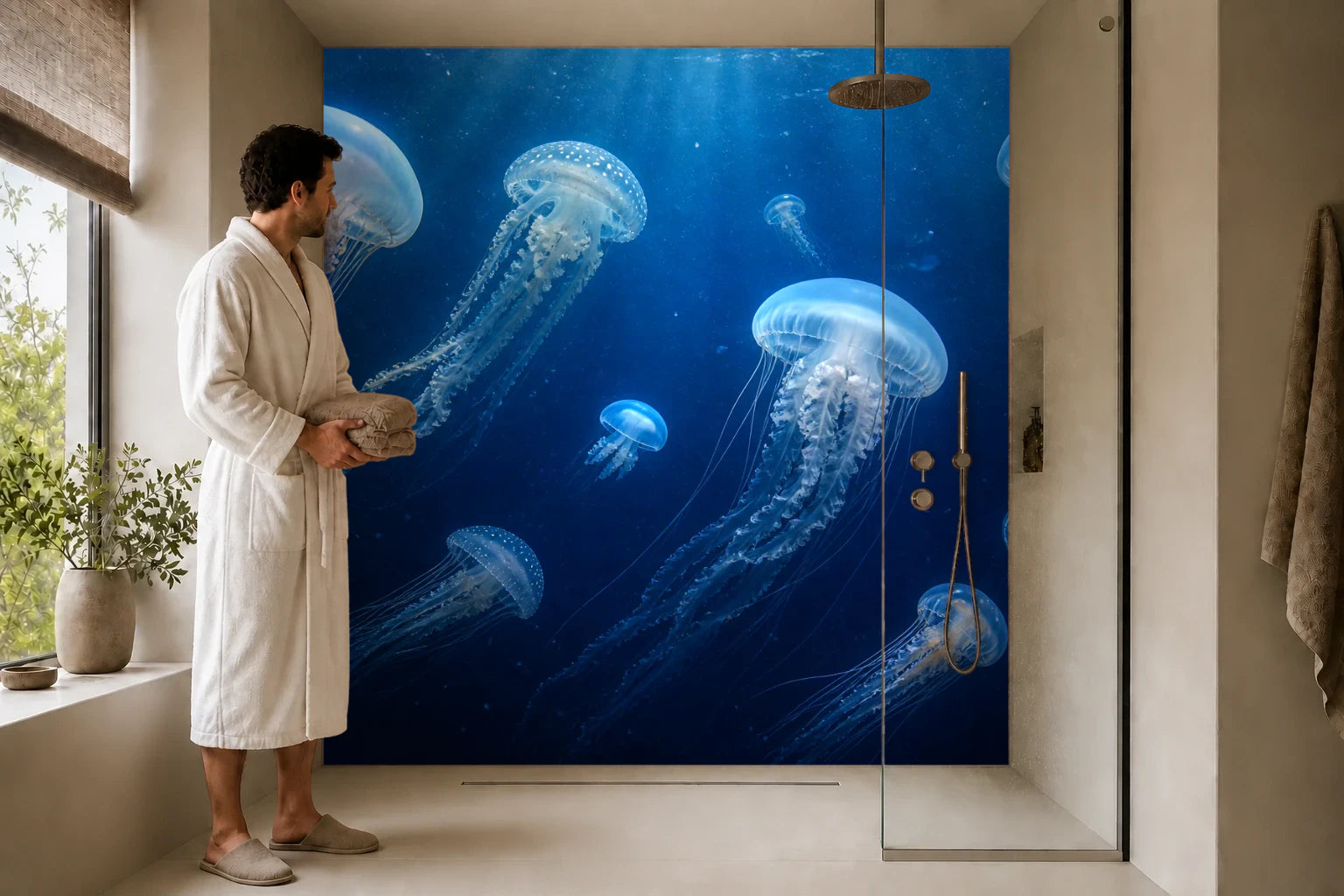 Duschrückwand „Quallengarten im Tiefblau“ in einer Dusche mit einem Mann im Bademantel