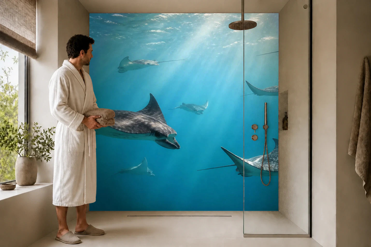 Duschrückwand „Rochenflug im Sonnenwasser“ in einer Dusche mit einem Mann im Bademantel