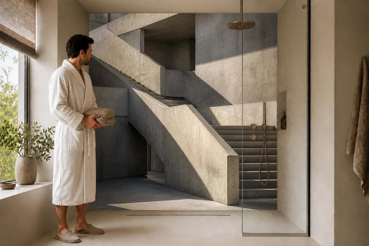 Duschrückwand „Treppenlandschaft aus Sichtbeton“ in einer Dusche mit einem Mann im Bademantel