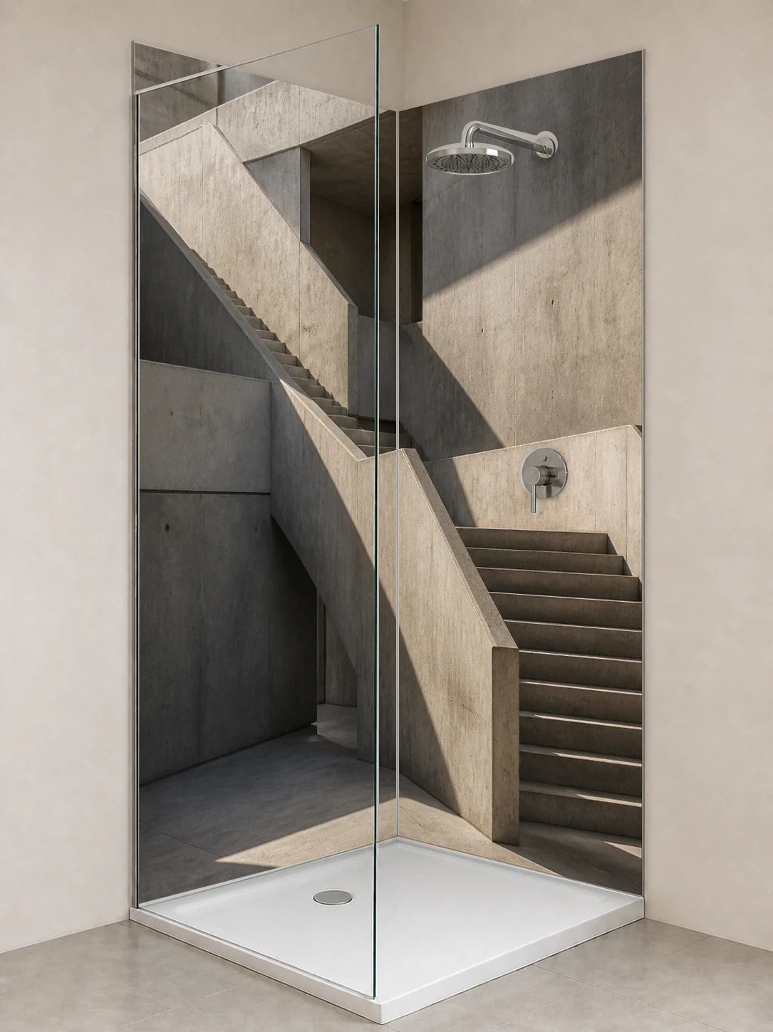 Duschrückwand „Treppenlandschaft aus Sichtbeton“ als installierte Rückwand in einer hellen Dusche