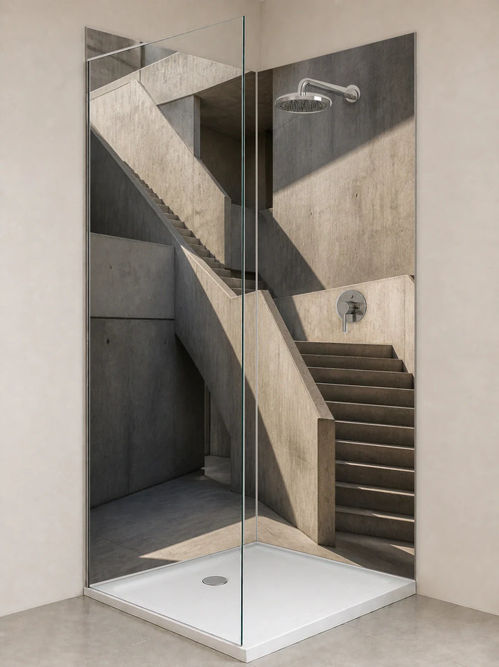 Duschrückwand „Treppenlandschaft aus Sichtbeton“ als installierte Rückwand in einer hellen Dusche